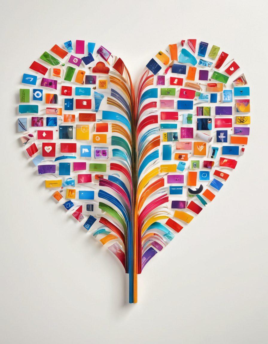 A heart-shaped collage made of colorful bookmarks, symbolizing connections and affection, with a glowing digital interface in the background showing social media icons and vibrant connection lines. Include subtle elements representing friendship and sharing, like hands reaching for the bookmarks. super-realistic. vibrant colors. white background.