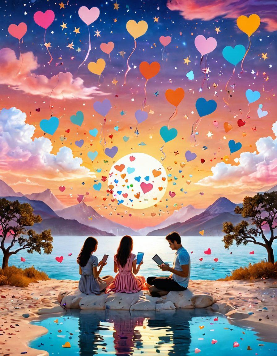 A whimsical digital landscape filled with colorful bookmarks floating in the air, each bookmark representing different online romance themes like love letters, heart emojis, and sunsets. In the foreground, a charming couple interacts with floating digital devices, smiles on their faces as they explore their favorite virtual spots. Background filled with soft pastel colors and digital elements like hearts and stars. super-realistic. vibrant colors. dreamy atmosphere.