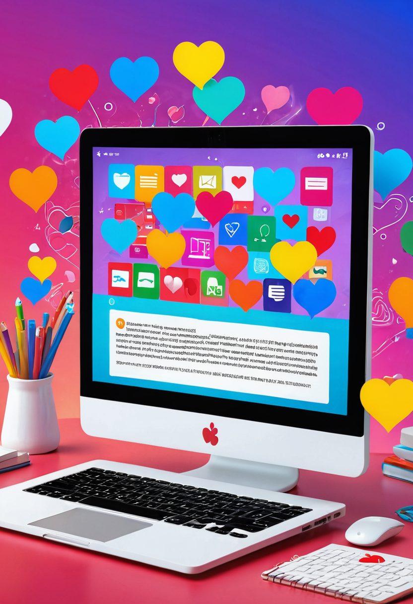 A colorful digital workspace showcasing a computer screen with neatly organized bookmarks and web favorite icons. Surround the screen with floating hearts and chat bubbles representing online connections and friendships, while a hand is seen interacting with the screen, emphasizing ease of use. The background should be bright and inviting, symbolizing positivity in online relationships. vibrant colors. 3D. flat design.